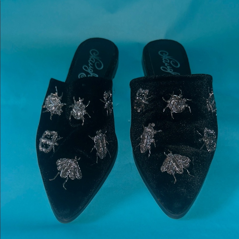 Elegant Black and Silver Mules with Floral Embellishments